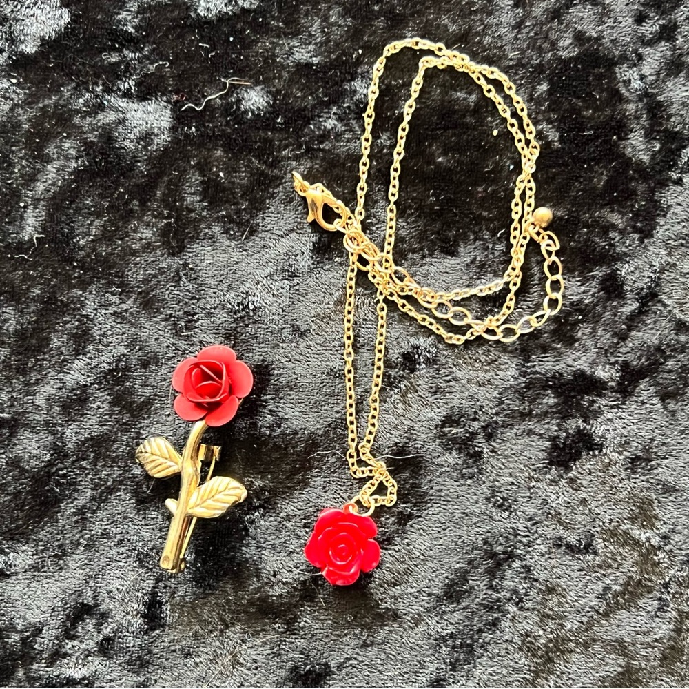 Gold Tone Rose Necklace and Brooch